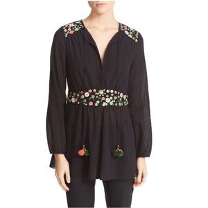 Tory Burch Fleur Embroidered Floral Woven Peasant Tunic Blouse Boho Black 8